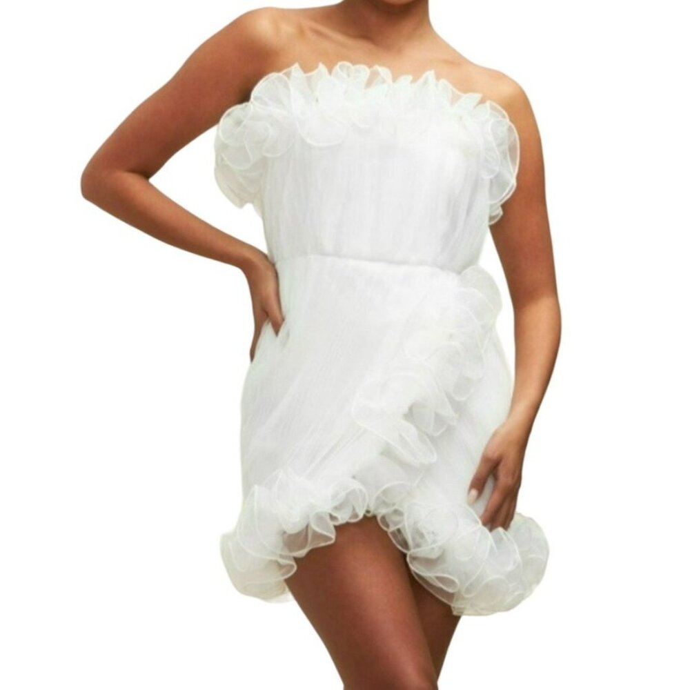 Luxxel Ruffled Tulip Hem Strapless Mini Dress White Size Large NWT